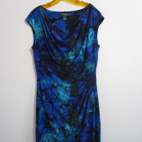 sz10 Cowl Knit Dress Bodycon Shirring Floral Blue - Picture 5 of 11